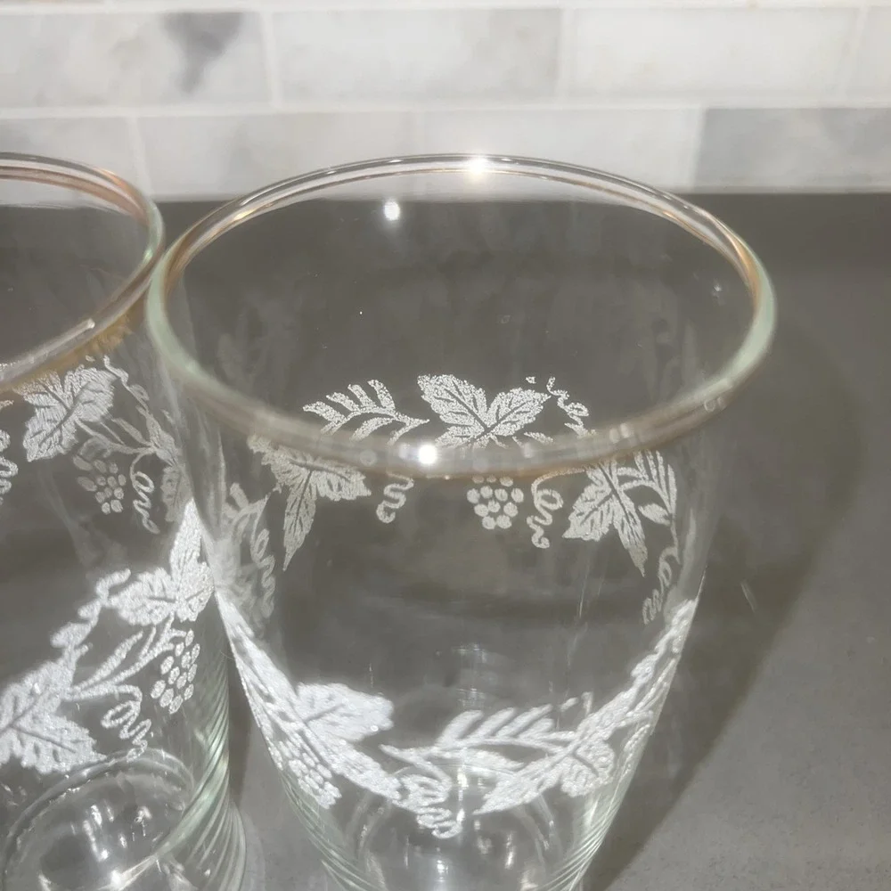 Vintage Bartlett Collins Set of 3 Grape Leaf Etched Glasses Gold Rim 1950s
